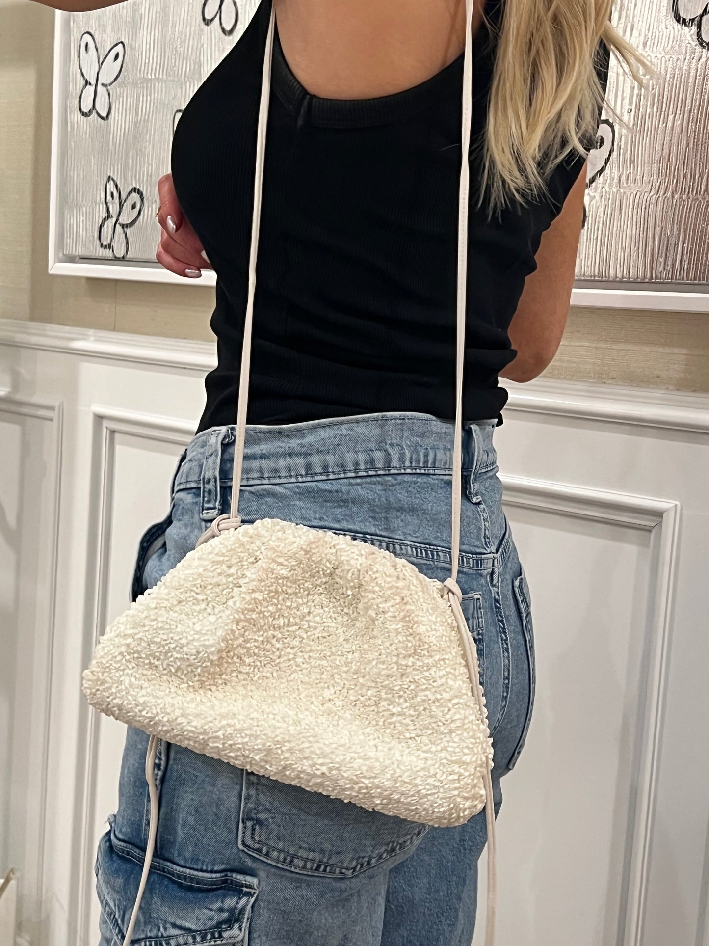 White Raffia Bottega Vanetta Mini Pouch