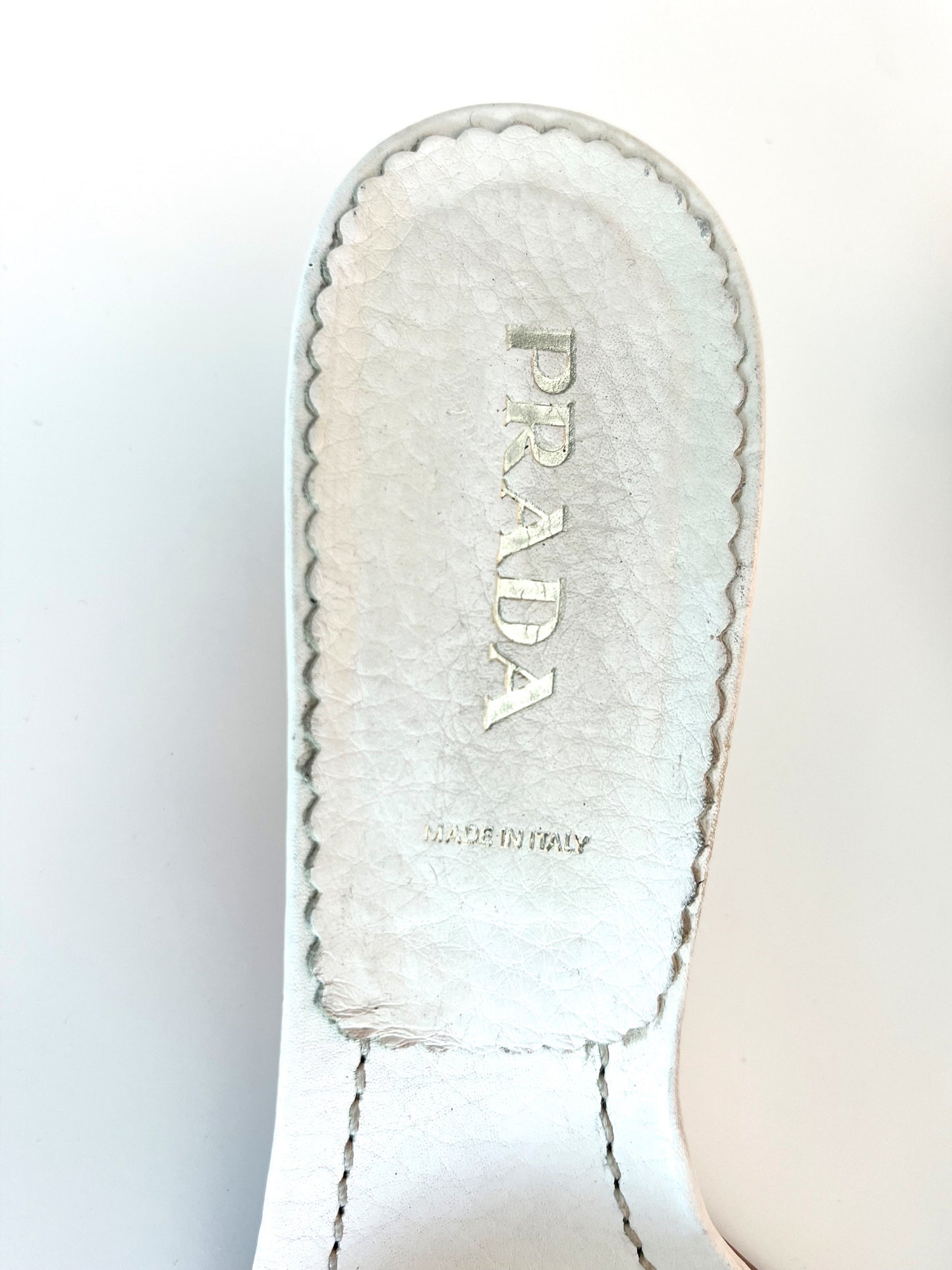 White Prada Logo Short Heel Mules (SOLD)