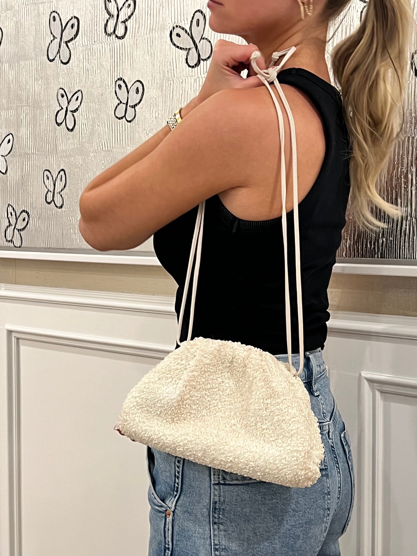 White Raffia Bottega Vanetta Mini Pouch
