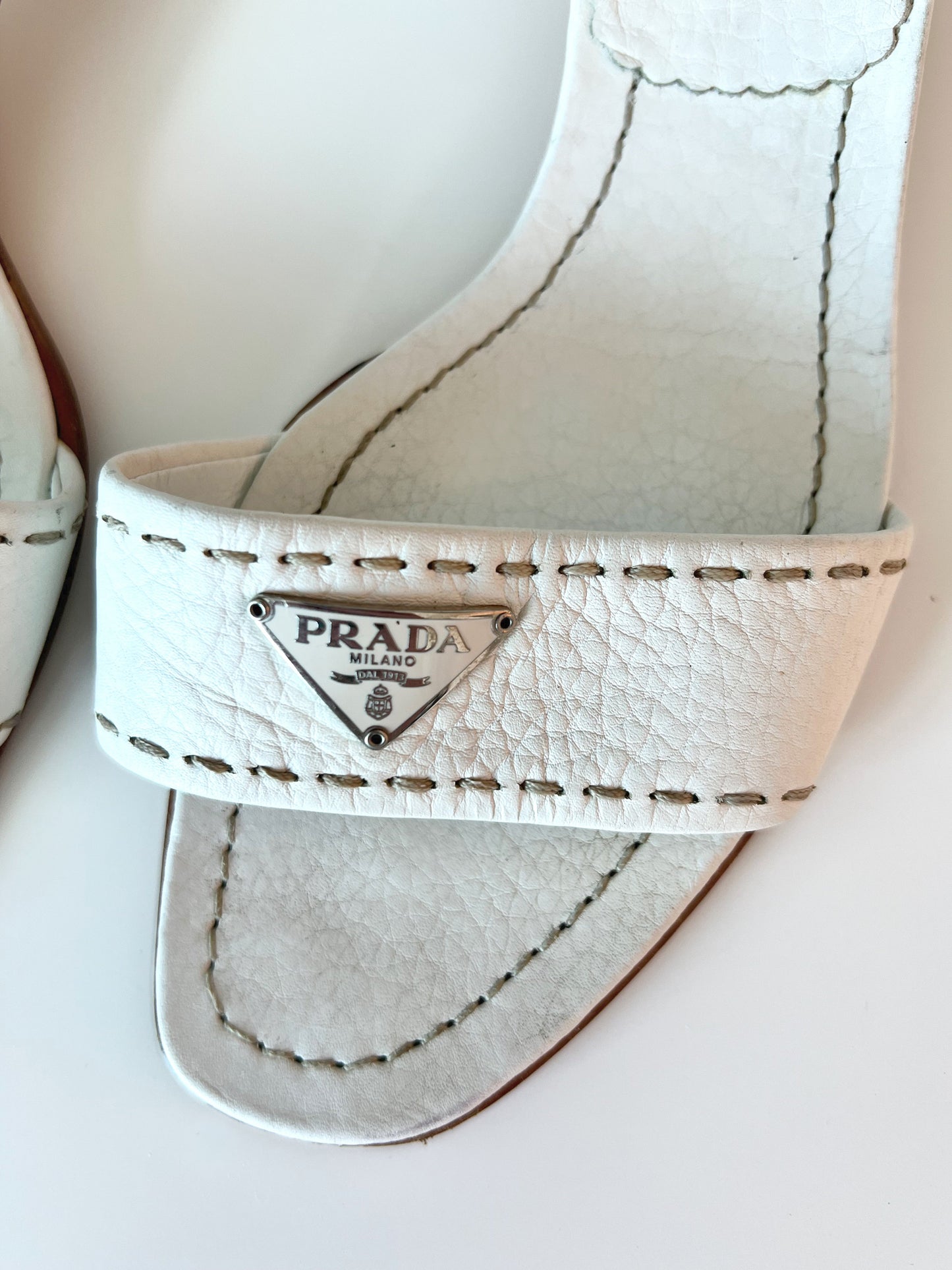 White Prada Logo Short Heel Mules (SOLD)