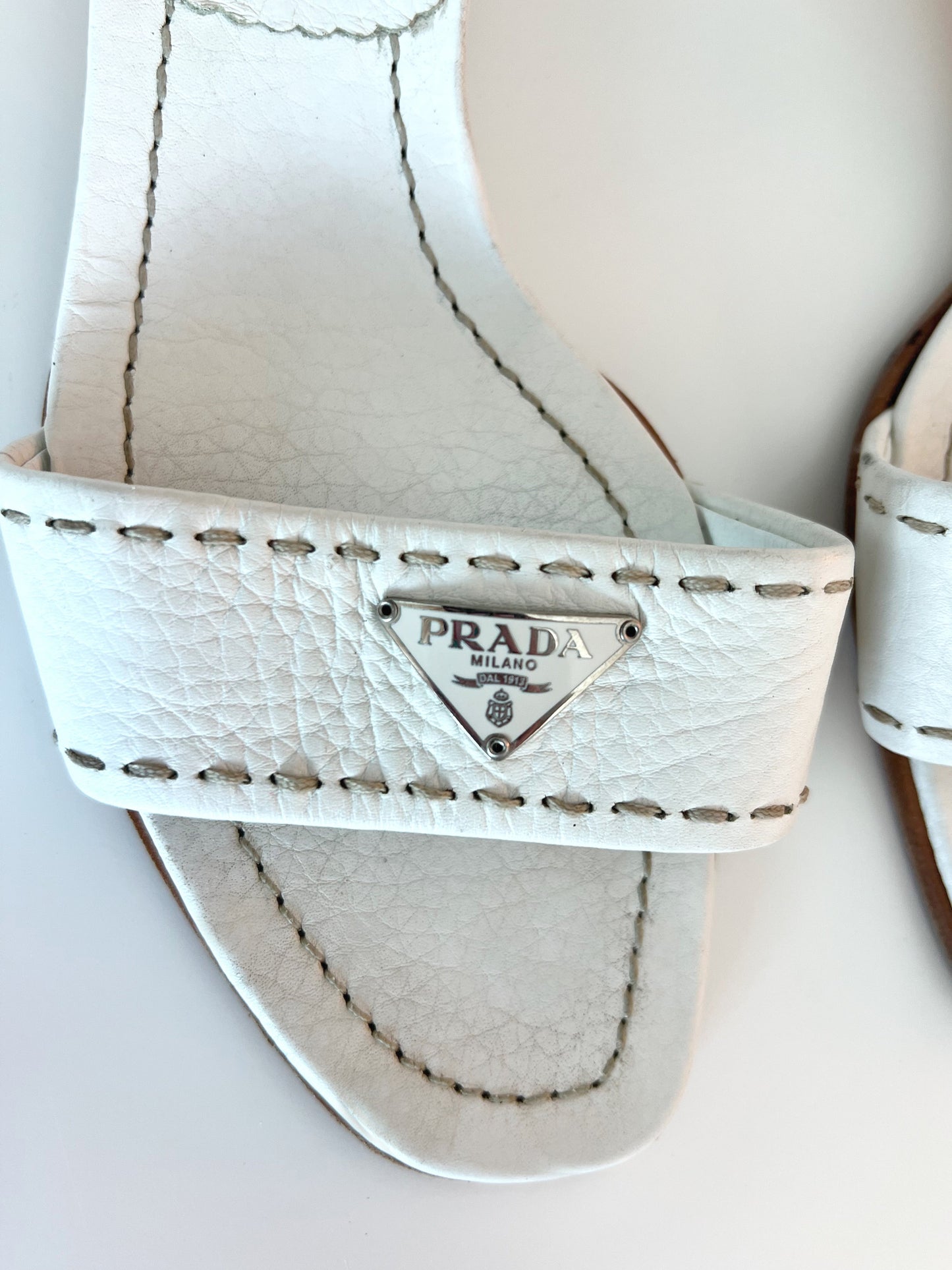 White Prada Logo Short Heel Mules (SOLD)