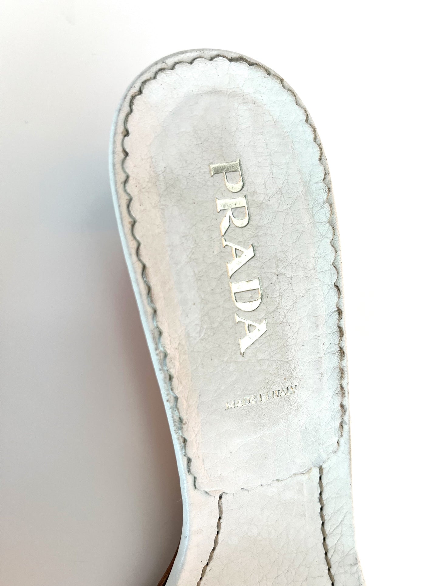 White Prada Logo Short Heel Mules (SOLD)