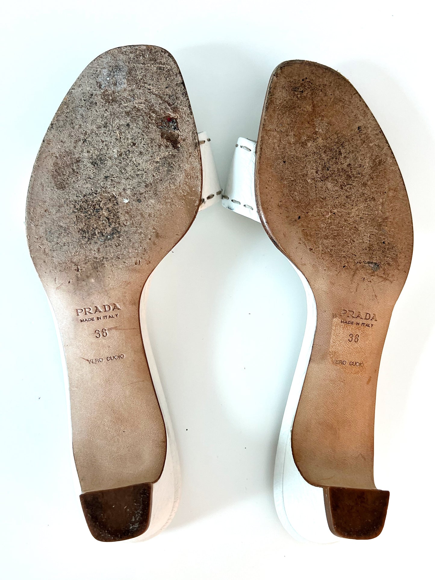 White Prada Logo Short Heel Mules (SOLD)