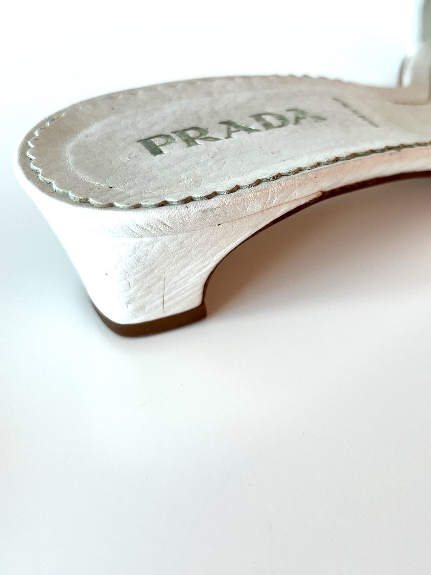 White Prada Logo Short Heel Mules (SOLD)