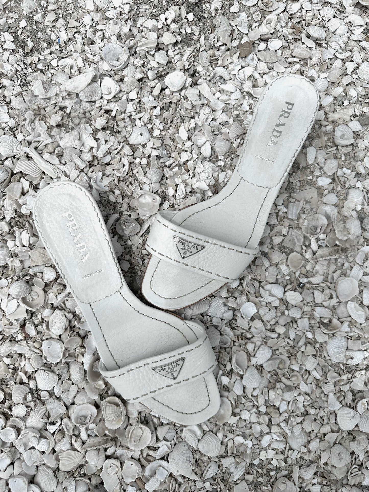 White Prada Logo Short Heel Mules (SOLD)