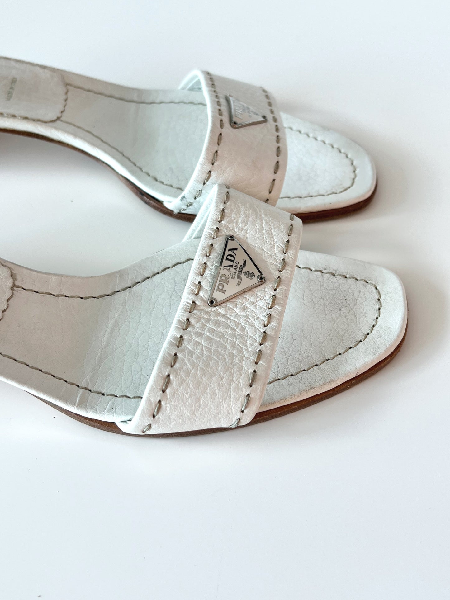 White Prada Logo Short Heel Mules (SOLD)