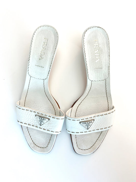 White Prada Logo Short Heel Mules (SOLD)