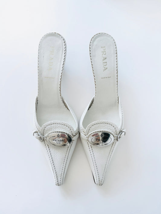 White Prada Logo Heels (36.5) (SOLD)