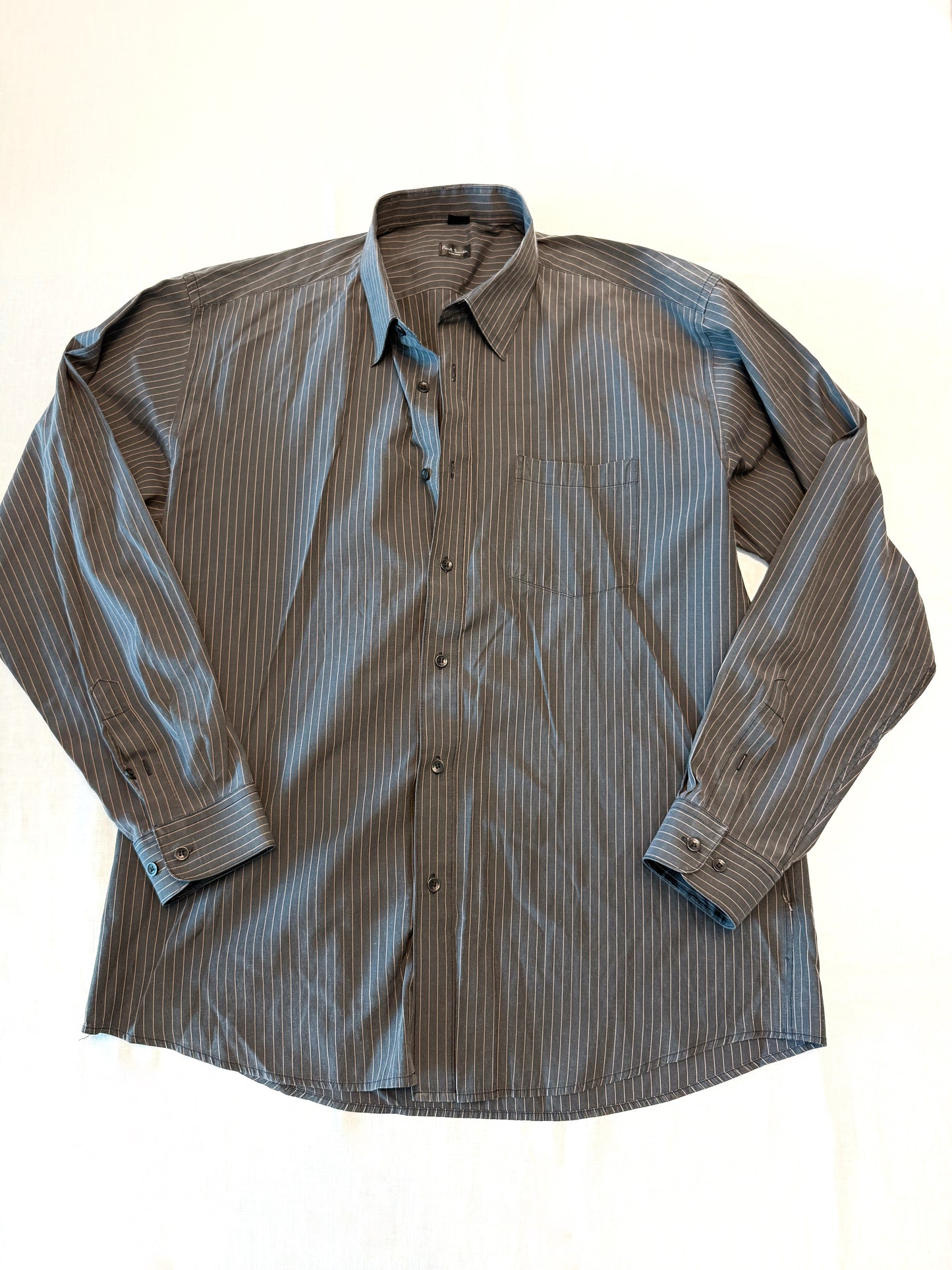 Embroidered Vintage Navy Blue and Light Pink Pin Stripe Button Down