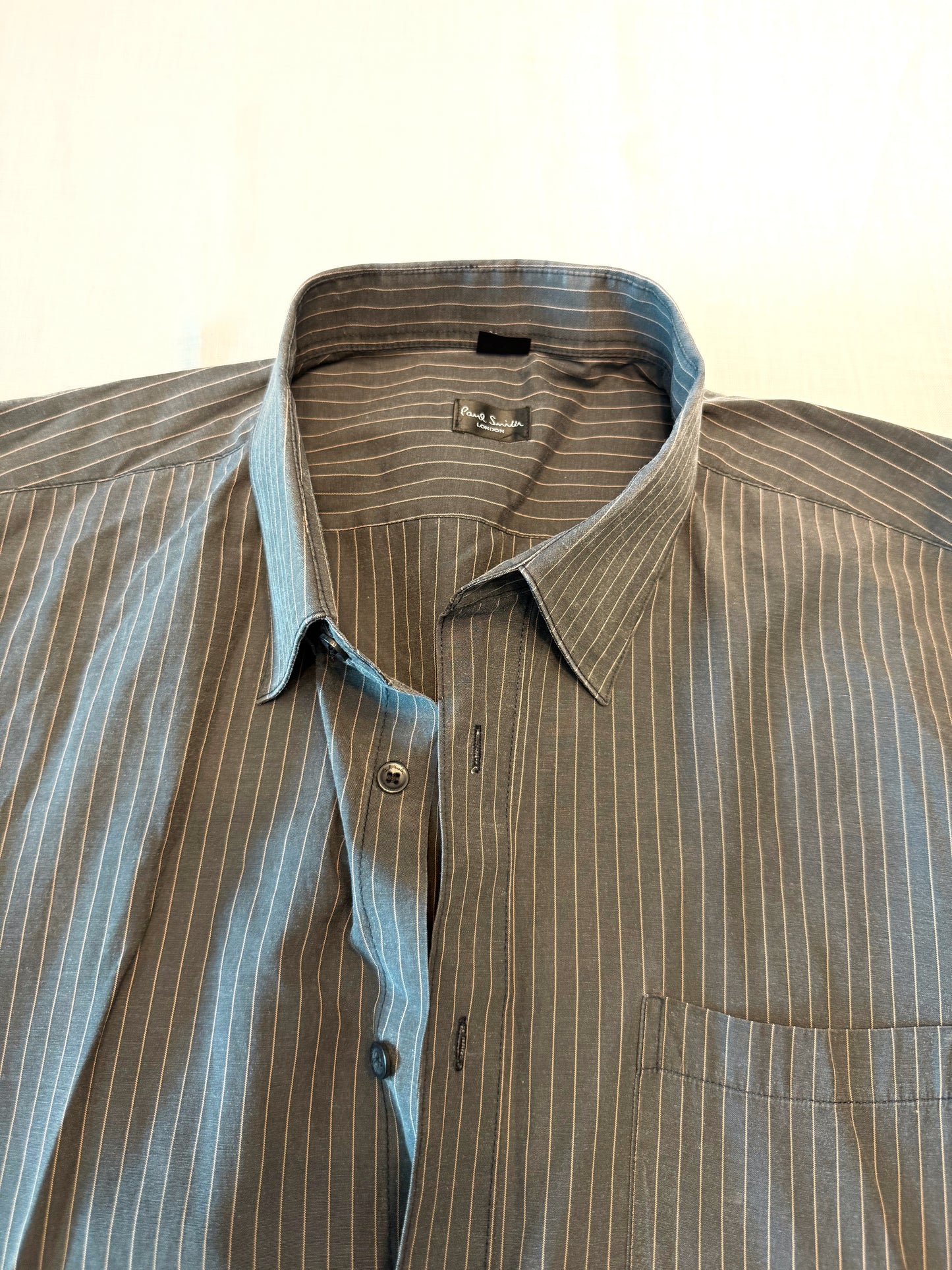 Embroidered Vintage Navy Blue and Light Pink Pin Stripe Button Down